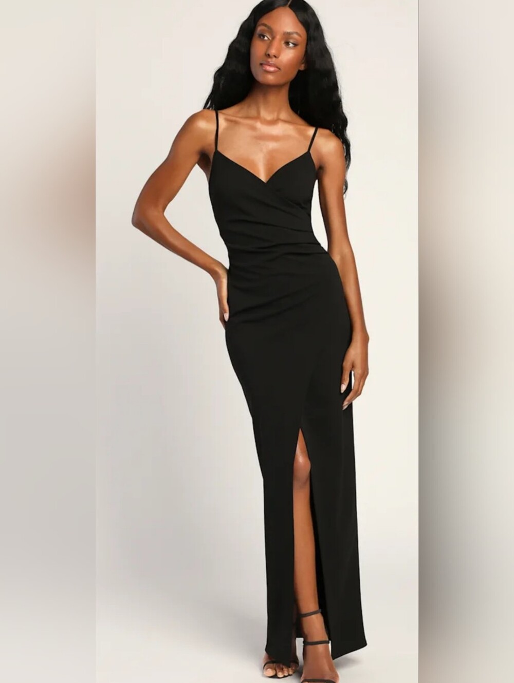 Lulus Sweetest Admirer Black Ruched Surplice Cocktail Holiday Party Maxi Dress